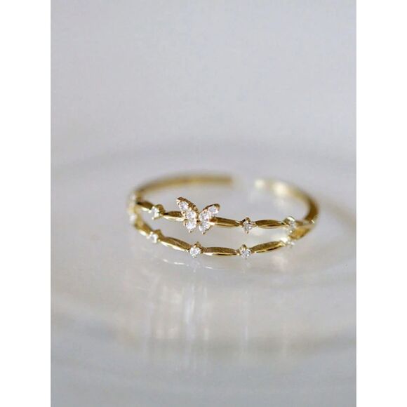 Cubic Zirconia Butterfly Double Layer Ring Gold Adjustable Dainty Feminine Open - Picture 3 of 4